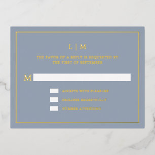 Lauren Dusty Blue Monogram Elegant Wedding Foil Invitation Postcard