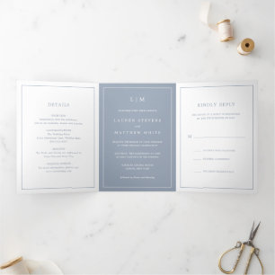 Lauren Dusty Blue Monogram Elegant Wedding Tri-Fold Invitation