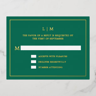 Lauren Emerald Green Monogram Elegant Wedding Foil Invitation Postcard