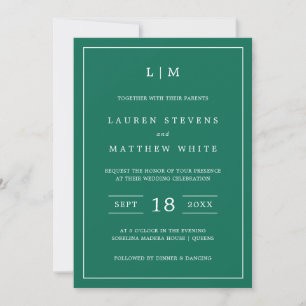 Lauren Emerald Green Monogram Elegant Wedding Invitation