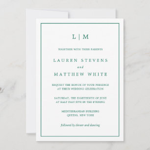Lauren Emerald Green Monogram Elegant Wedding Invitation