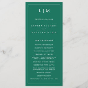 Lauren Emerald Green Monogram Elegant Wedding Programme