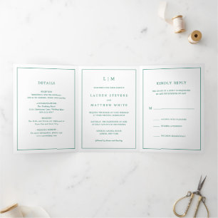 Lauren Emerald Green Monogram Elegant Wedding Tri-Fold Invitation