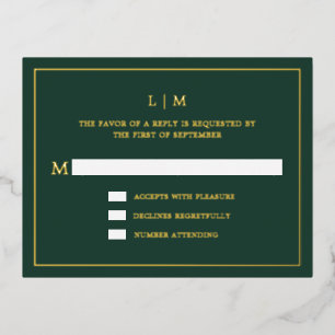 Lauren Forest Green Monogram Elegant Wedding Foil Invitation Postcard
