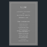 Lauren Grey Monogram Elegant Wedding<br><div class="desc">Simple Wedding Program featuring a modern yet elegant design with your two letter monogram at the top and your details surrounded by a thin border. All text is in white over a medium grey background and may be changed in the design editing tool. The front has your order of ceremony...</div>