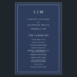 Lauren Navy Blue Monogram Elegant Wedding<br><div class="desc">Simple Wedding Program featuring a modern yet elegant design with your two letter monogram at the top and your details surrounded by a thin border. All text is in white over a navy blue background and may be changed in the design editing tool. The front has your order of ceremony...</div>
