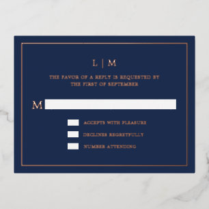 Lauren Navy Blue Monogram Elegant Wedding Foil Invitation Postcard
