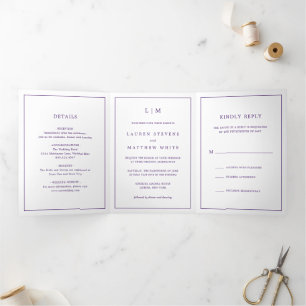Lauren Purple Monogram Elegant Wedding Tri-Fold Invitation