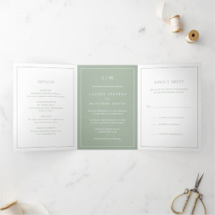 Lauren Sage Green Monogram Elegant Wedding Tri-Fold Invitation