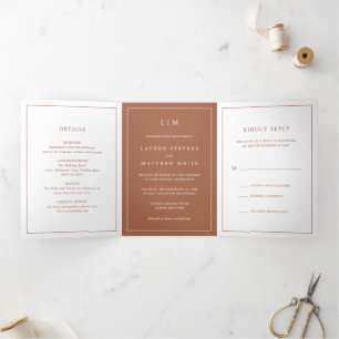 Lauren Terracotta Monogram Elegant Wedding Tri-Fold Invitation