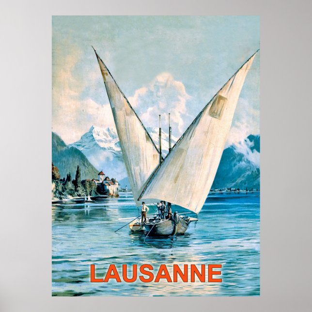 Lausanne, Geneva Lake, Switzerland, vintage travel Poster (Front)