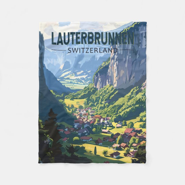 Lauterbrunnen Switzerland Travel Art Vintage Fleece Blanket (Front)
