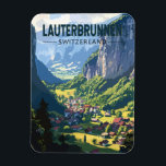 Lauterbrunnen Switzerland Travel Art Vintage Magnet<br><div class="desc">Lauterbrunnen retro vector travel design.  Set in a valley featuring rocky cliffs and the roaring Staubbach Falls.</div>