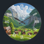 Lauterbrunnen Switzerland Travel Large Clock<br><div class="desc">Lauterbrunnen is a picturesque valley village nestled in the Swiss Alps, often described as one of the most beautiful places in Switzerland. Surrounded by dramatic cliffs and snow-capped peaks, the village sits in a narrow glacial valley and is famously home to 72 waterfalls, including the towering Staubbach Falls, which plunge...</div>