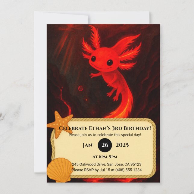 Lava Axolotl in Fiery Abyss Birthday  Invitation (Front)