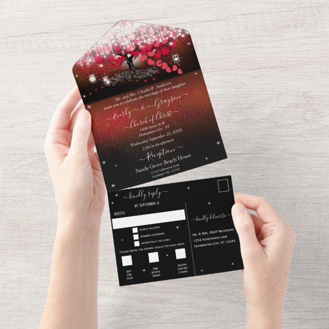 Lava Fall Fairy Light Red Heart Leaf Tree Wedding All In One Invitation (Tearaway)