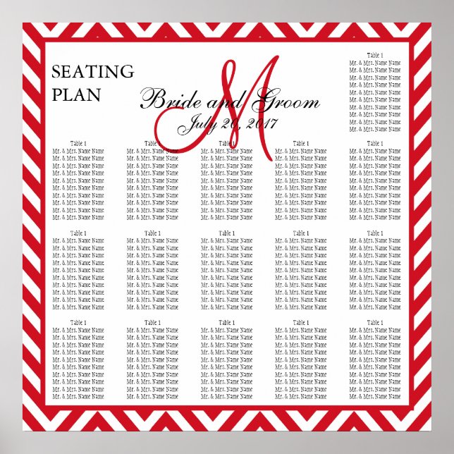 Lava Red Chevron Zig Zag Wedding Seating Chart (Front)