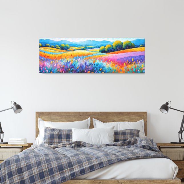 "Lavande Serenité". Wide Landscape Provence Canvas Print (Insitu(Bedroom))
