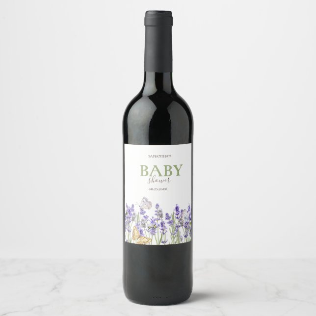 Lavander Butterflies Botanical Baby Shower   Wine Label (Front)