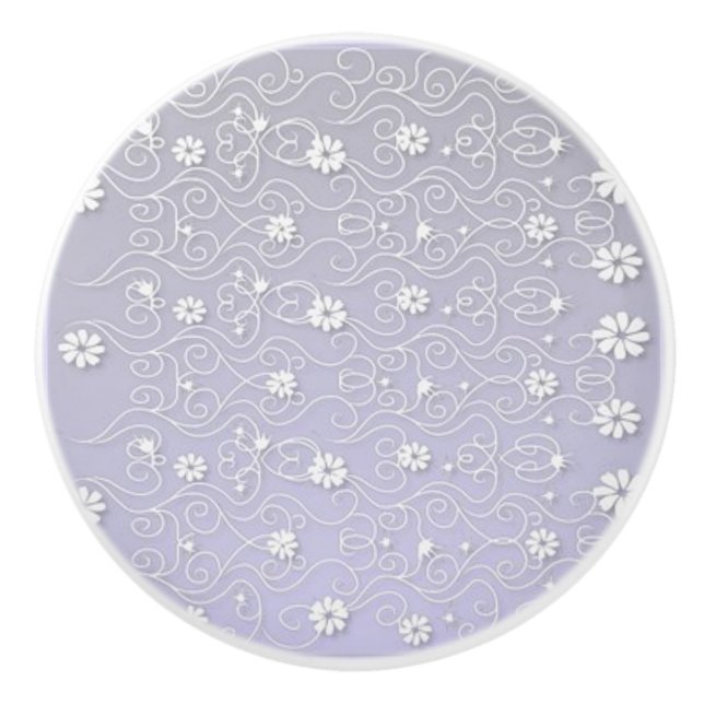 LAVANDER CERAMIC KNOB WITH WHITE FLORAL DESIGN. (Front)