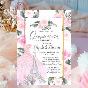 Lavander Dress,Eiffel Tower Floral Quinceañera Invitation