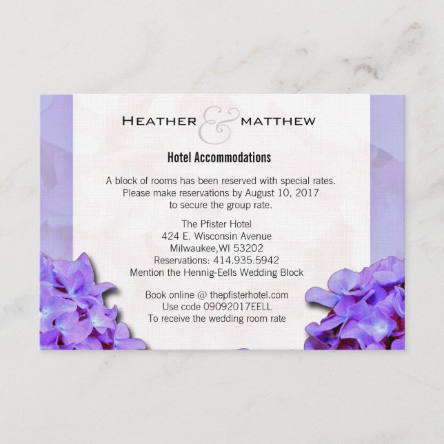 Lavander Hydrangeas Room Reservations Enclosure Card (Front)