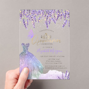 Lavander,String Lights,Glitter Dress Quinceanera Acrylic Invitations