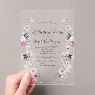 Lavander Wildflowers Champagne Glass Retirement Acrylic Invitations