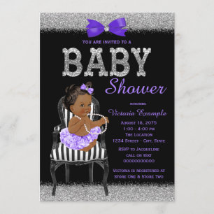Lavend Purple Black Silver Ethnic Girl Baby Shower Invitation