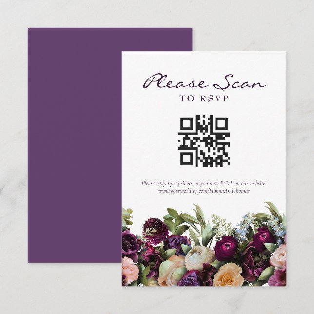 Lavendar Dark Floral Wedding QR Code RSVP Card (Front/Back)