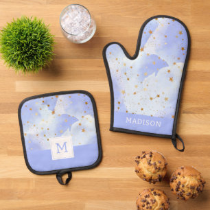 Lavendar Golden Star Pattern Oven Mitt & Pot Holder Set
