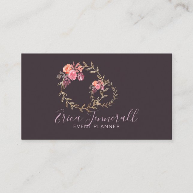 Lavendar Grey Floral Wreath Blooms Event Planner Business Card (Front)