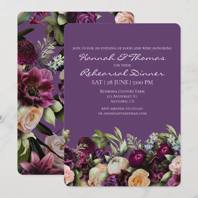 Lavendar Purple Elegant Floral Rehearsal Dinner Invitation (Front/Back)