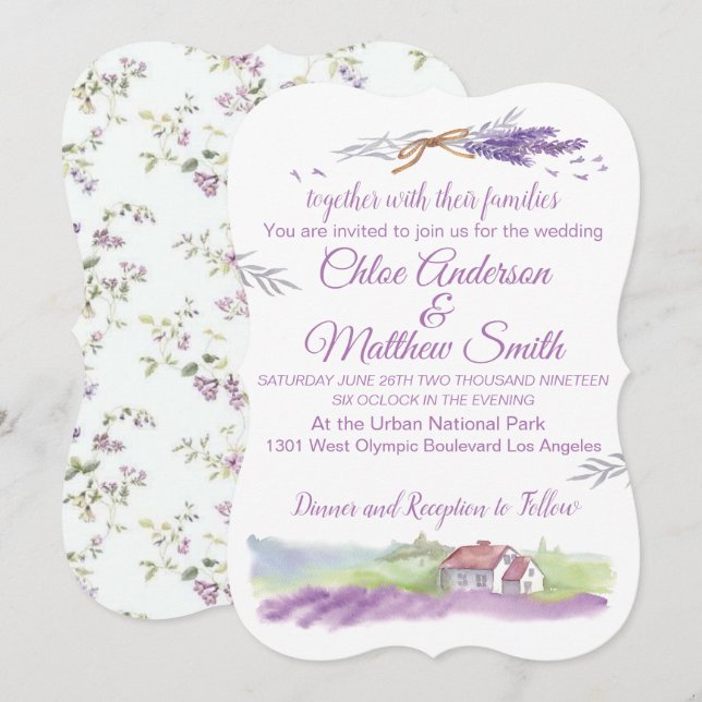 Lavendar Water Colour Wedding Invitation (Front/Back)