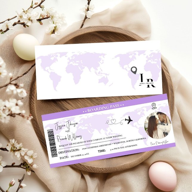 Lavendar Wedding invitation Boarding pass ticket (Creator Uploaded)