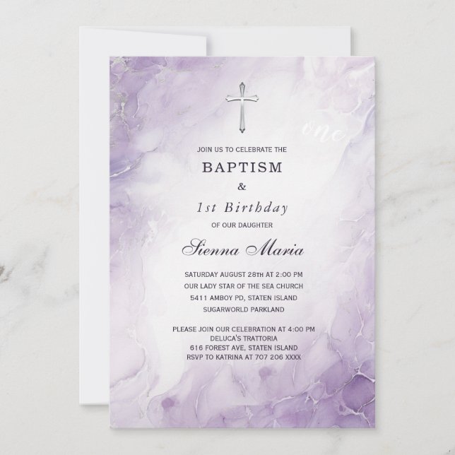 Lavende Girl First Birthday and Baptism Invitation (Front)