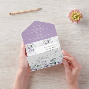 Lavende Peonies, White Roses Floral Wedding All In One Invitation