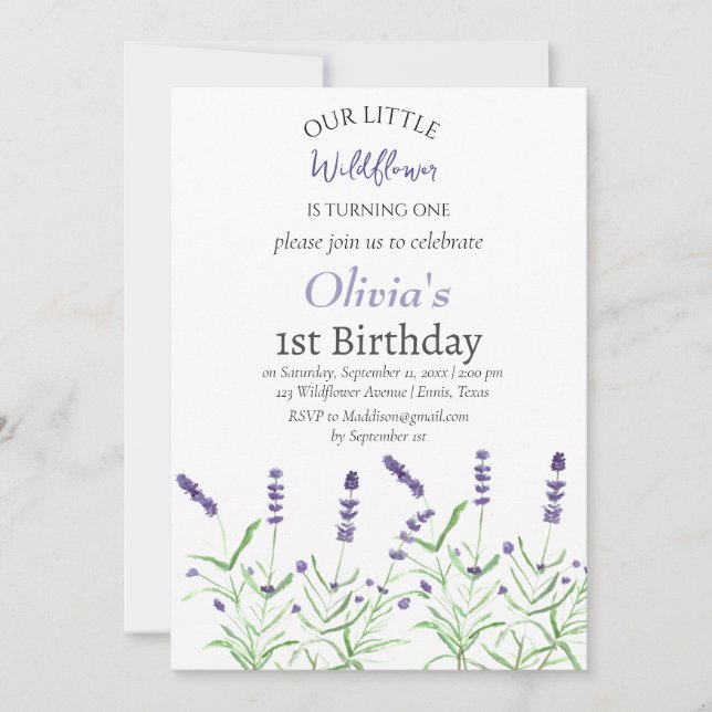 Lavender 1st First Birthday Girl Purple Floral  Invitation (Front)