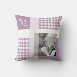 Lavender Add Your Photo Gingham Modern Monogram Cushion