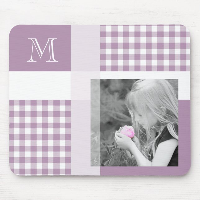 Lavender Add Your Photo Gingham Modern Monogram Mouse Mat (Front)
