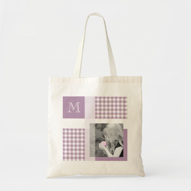 Lavender Add Your Photo Gingham Modern Monogram Tote Bag (Front)