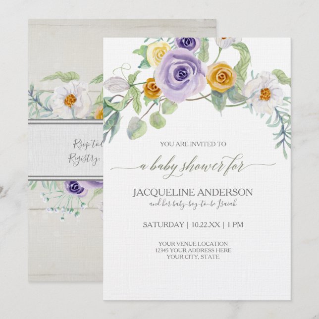 Lavender Amber Rose Floral Baby Shower Wood Boards Invitation (Front/Back)