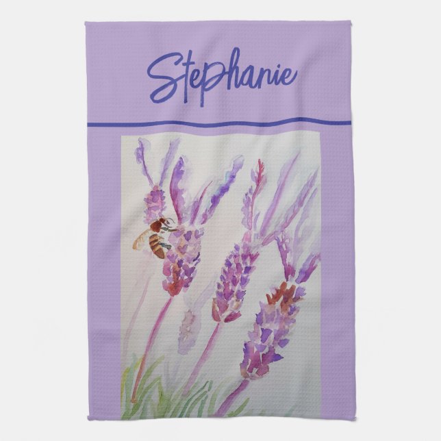 Lavender and Bee Herb Watercolor Womens Tea Towel (Vertical)