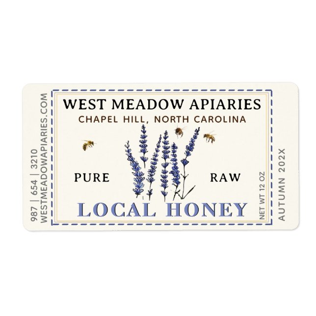 Lavender and Bees Honey Label Dashed Border (Front)