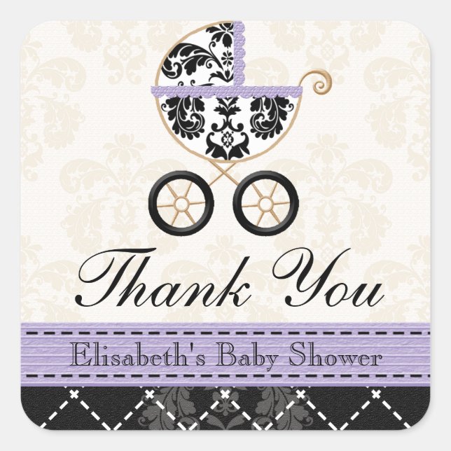 LAVENDER and Black Damask Baby Carriage Thank You Square Sticker (Front)