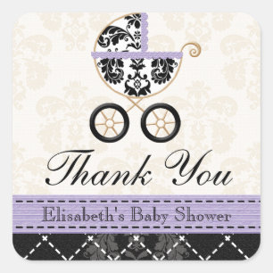 LAVENDER and Black Damask Baby Carriage Thank You Square Sticker