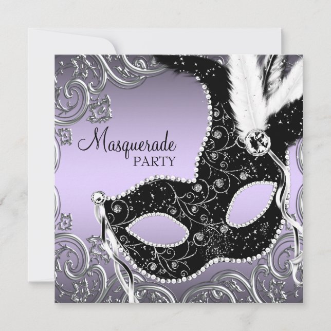 Lavender and Black Mask Masquerade Party Invitation (Front)