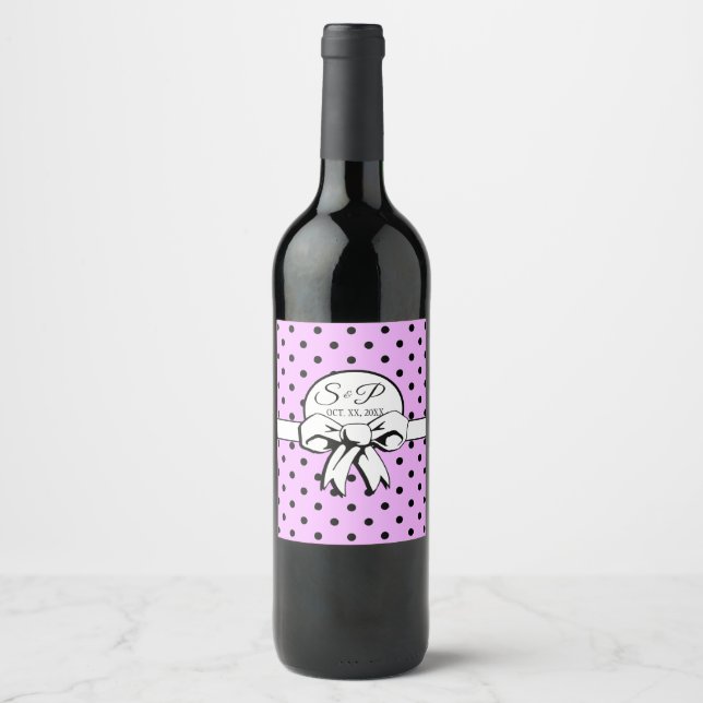Lavender and Black Polka Dot White Bow Personalise Wine Label (Front)
