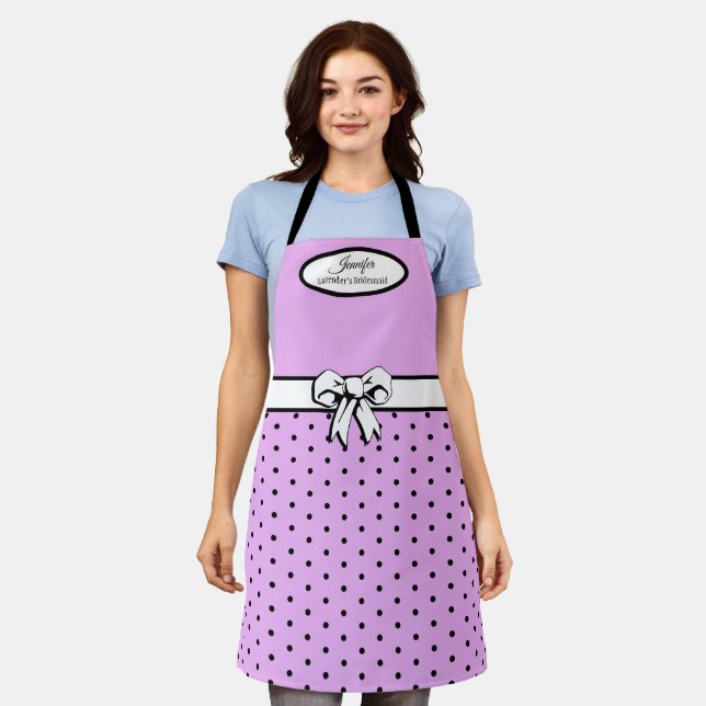 Lavender and Black Polka Dots and Bow Personalised Apron (Worn)