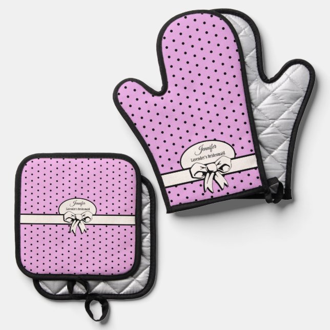 Lavender and Black Polka Dots and Bow Personalised Oven Mitt & Pot Holder Set (Front/Back)